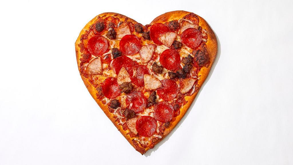 The Hearty Meat Pizza · Heart shaped pie with pepperoni, ham, sausage, gooey cheese and our house marinara sauce.