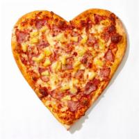 Kawaii Kauaian Pizza · Heart shaped pie with canadian bacon, pineapple, gooey cheese and our house marinara sauce.