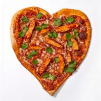 Bae Bbq Chicken Pizza · Heart shaped pie with shredded chicken, red onion, cilantro,  gooey cheese and BBQ sauce.