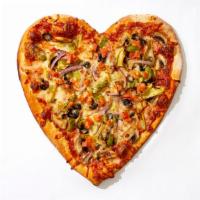 Valentine Veggie Pizza · Heart shaped pie with mushrooms, onion, bell peppers, black olives, gooey cheese and our hou...