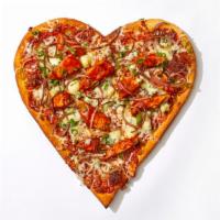 Baby Blue Buffalo Chicken Pizza · Heart shaped pie with chicken, blue cheese, red onion, scallions and buffalo sauce.