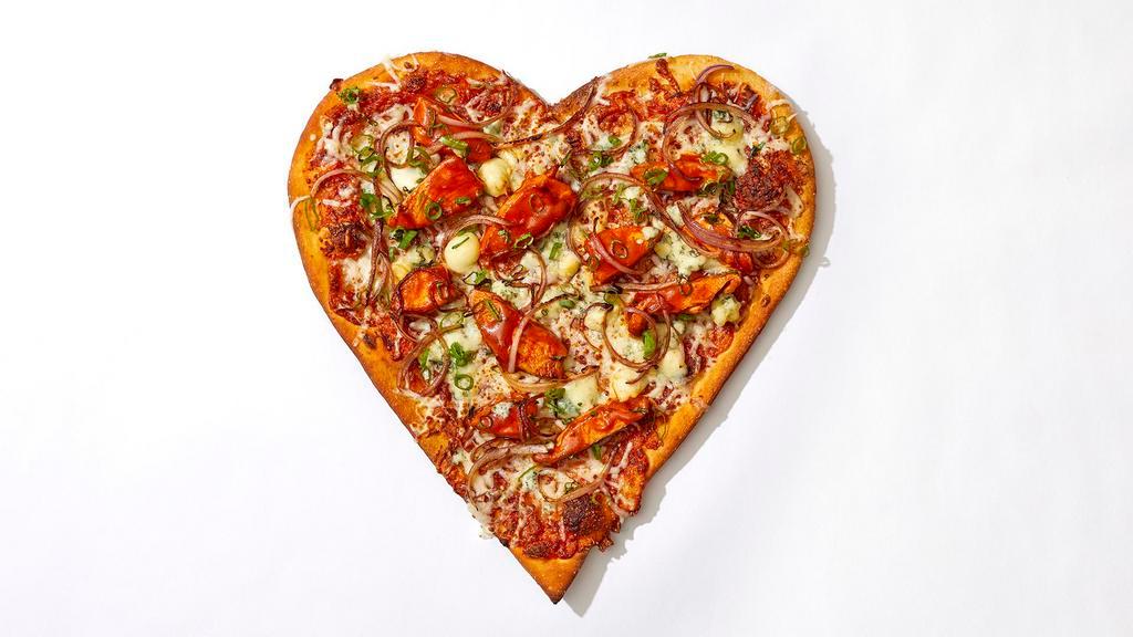 Baby Blue Buffalo Chicken Pizza · Heart shaped pie with chicken, blue cheese, red onion, scallions and buffalo sauce.