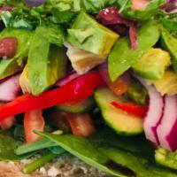 Garden Vegetarian Sandwich · Hummus, spinach, cucumber, tomato, olives, avocado, red onion, roasted peppers, basil, fresh...
