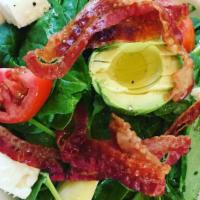 Francisco Salad · Baby spinach, avocado, bacon, marinated artichoke hearts, tomatoes, lemon, feta cheese, fres...