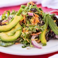 Pelana Salad · Moved greens tossed in a house-made cilantro dressing tossed with avocado salsa, cheese and ...