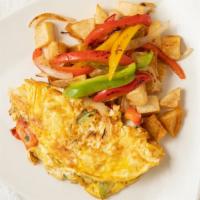House Omelet · Eggs hot link bacon diced onions green bell pepper mushrooms spinach cheese and house potato...