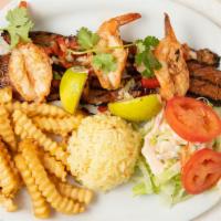 Montecristo Special · Flap steak prawns served with rice salad and french fries