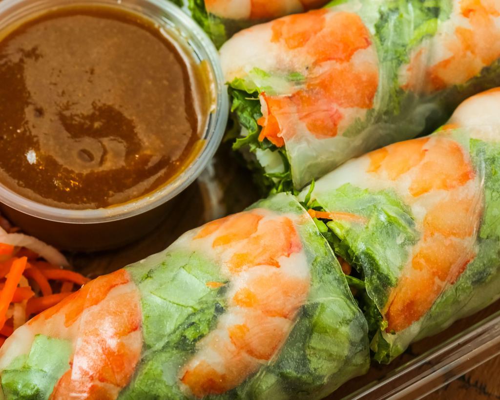 Spring Rolls · Fresh rolls wrapped in rice paper filled with lettuce, carrots, bean sprouts, cucumber and rice noodles. Choice of Shrimp, mushroom or tofu.