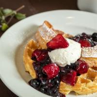 Waffle Sandwich · Cream cheese sandwich between a crisp waffle, topped with berry compote (fresh berries in se...