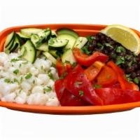 Black Bean Hominy Bowl · 1 Cup of Black Beans, 1 Cup of Hominy, Choice of Veggies, Choice of Carb, Topped w/ Cilantro...