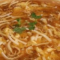 Hot & Sour Soup · Hot and sour soup ingredients: black fungus, eggs, and sour bamboo shoots, moderately hot an...