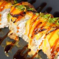 LionKing · Imitation crab meat avocado topped baked salmon
 scallion(Unagi sauce&Spicy Mayo)