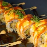Golden Dragon · Shrimp Tempura cucumber topped baked salmon
 scallion((Unagi sauce&Spicy Mayo)