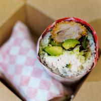 crispy pork burrito · Cucumber, avocado, green salad, imitation crab with
Unagi sauce, and spicy mayo.crispy pork