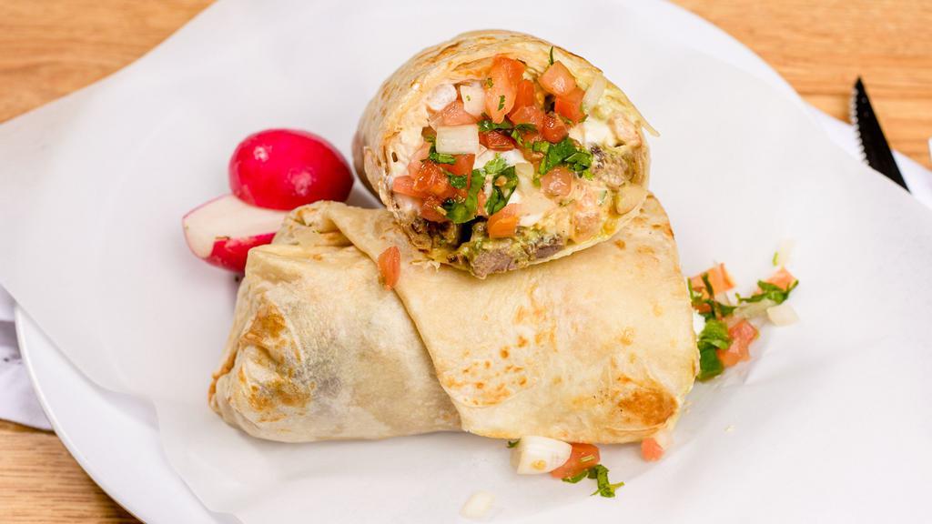 Burrito (Regular) · Rice, beans and fresh salsa. Your choice of meat.