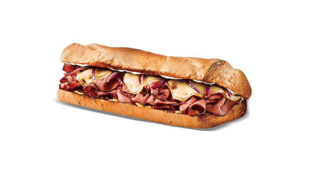 Pastrami & Swiss · Tender Pastrami topped with Swiss cheese, Pickles, Red onion, Mayonnaise & Spicy Brown Mustard.