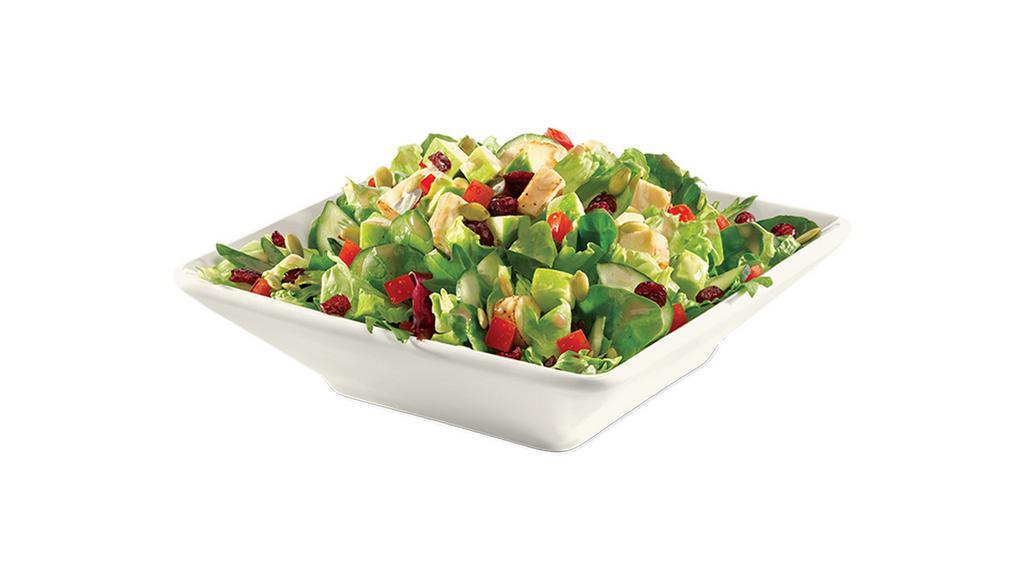 Apple Harvest Chicken Salad (Full) · Honey-dijon chicken salad, apples, dried cranberries, cucumbers, tomatoes, pumpkin seeds, apple cider vinaigrette. 590 cal.