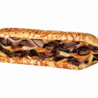 Black Angus Steakhouse Sandwich · Black Angus steak, mozzarella, cheddar, mushrooms, grilled onions, and zesty sauce with ital...