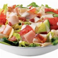Chef Salad · Turkey, ham, bacon, swiss, tomatoes, cucumbers, ranch. 430 - 590 cal.