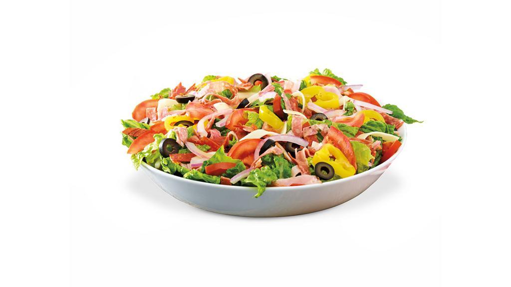 Italian Salad · Pepperoni, salami, capicola, ham, provolone, black olives, banana peppers, tomatoes, onions, with red win vinaigrette dressing.
