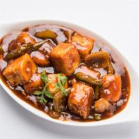 Chili Paneer · Indian cottage cheese, chilies and onions, sautéed and cooked with chili paste.