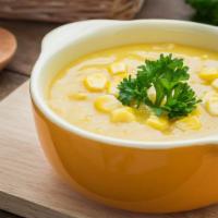 Sweet Corn Soup · Tender corn kernels and vegetables simmered to a soup.