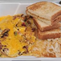 Meat Lover Omelette · Bacon, sausage, ham, bell peppers, onions, mushrooms, cheddar cheese, served with toast and ...