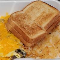 Denver Omelette · Ham, Onions, Peppers and cheddar cheese served with toast and hash browns