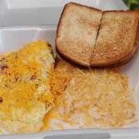 Sunrise Omelette · Ham, mushrooms and cheddar cheese omelette served with toast and hash browns