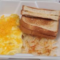 Cheddar Cheese Omelette · egg and cheddar cheese omelette served with toast and hash browns
