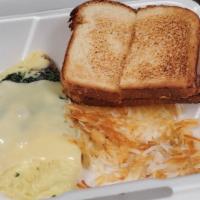 Egg Florentine Omelette · onions, mushrooms and spinach omelette served with toast and hash browns