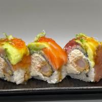 Party Roll · Shrimp tempura, crab meat, cream cheese topped with assorted fish, avocado, tobiko and green...