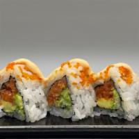Volcano · Spicy tuna, avocado topped with tobiko and spicy mayo.