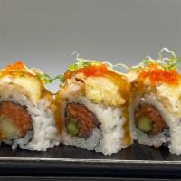 Sex and City · spicy tuna, asparagus topped with fried tilapia with house spicy mayo