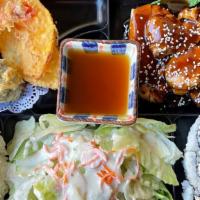  Bento 1 Chicken Teriyaki  · Chicken teriyaki + mixed shrimp and vegetable tempura + California roll(6pc)/salmon or tuna ...