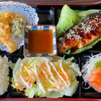 Bento 3 Salmon Teriyaki  · Salmon teriyaki + mixed shrimp and vegetable tempura + California roll 6pcs/salmon or tuna s...