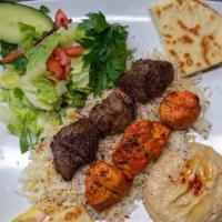 Combination Kabab · Comes with rice, salad, hummus and pita.