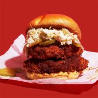 Double Stack Nashville Hot Fried Chicken Sandwich · Two Nashville-style spicy hot, crispy fried chicken breasts with coleslaw, pickles, and spic...