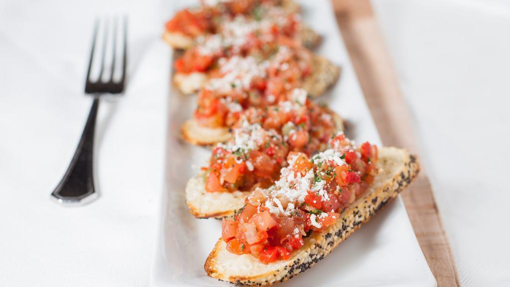 Bruschetta (5) · A blend of free roasted red bell peppers, fresh tomatoes, red onion and spices on crustini bread.