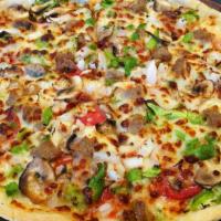Earthquake Pizza · Delicious gourmet garlic chicken pizza with green onions, olives, mushroom and tomatoes.