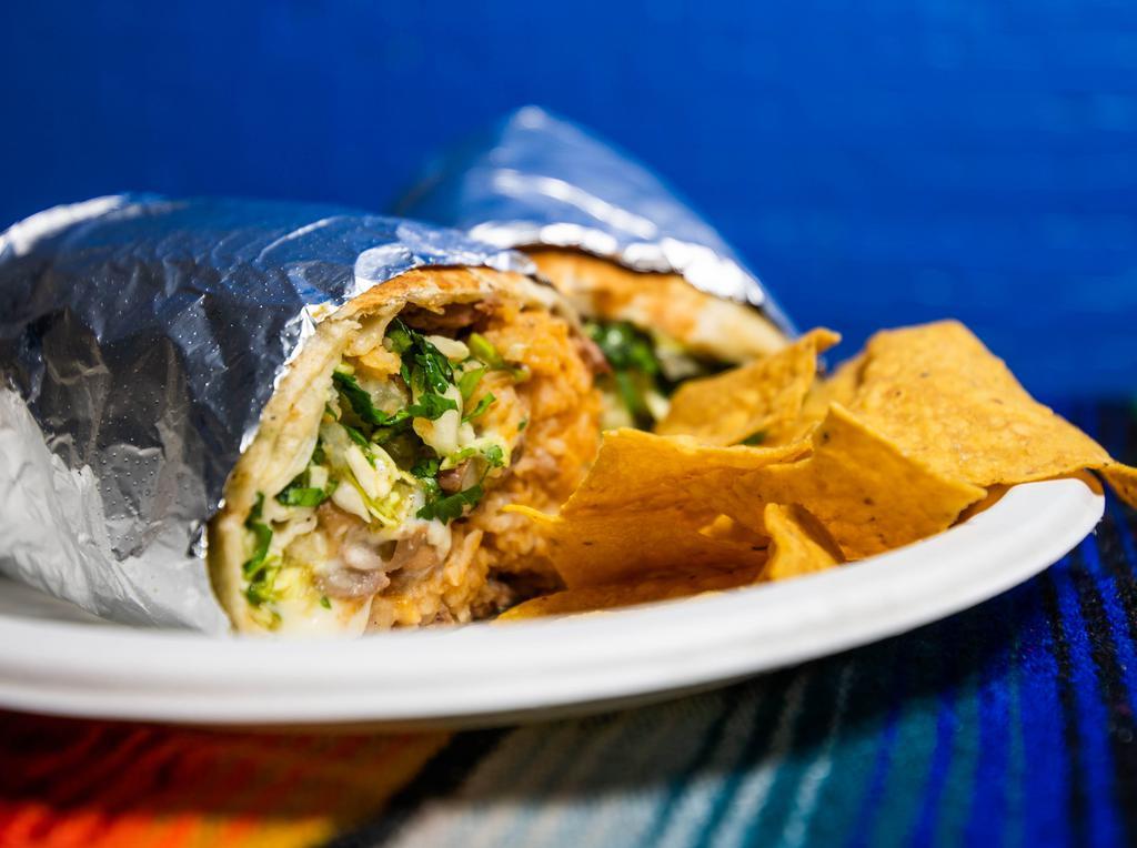 Burritos · Burritos are made with choice of meat, beans, rice, cabbage, cilantro, onions, Oaxacan cheese and choice of hot or mild salsa. Chips included.