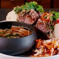 French Dip Pho Bo · five spice roasted beef, house-made pate, hoisin, shallot mayo, pickles, pho au jus dipping ...