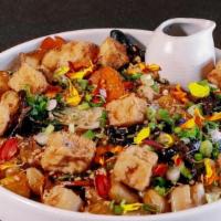 Wok Seared Vegetarian Chow Fun · Pea Leaf, Cordyceps and Wood Ear Mushrooms, Fried Tofu, Hot Mustard Maggi Sauce