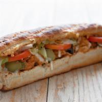 Philly Chicken Sandwich · Juicy chicken, creamy cheese, mushrooms, onions, and bell peppers loaded onto fresh bread.