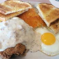 Chicken Fried Steak · Chicken Fried Steak with gravy, two eggs any style served with potatoes and toast

Consumpti...