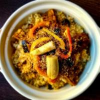 45. Mushroom Claypot Rice · Steamy and aromatic lemongrass fried rice cooked in a clay pot with vegan ham, mushrooms, re...