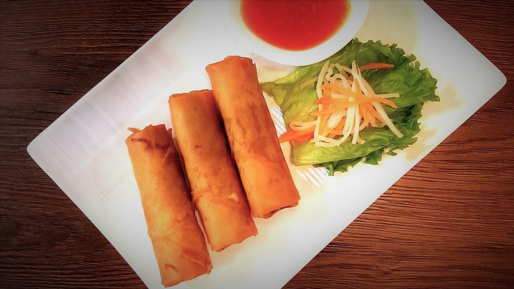 Egg Rolls (3pcs) · Fried savory rolls included ground pork, vermicelli, wood ear mushrooms, shredded carrots, taros, and onions, served with sweet and sour chili sauce.