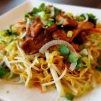 14. Stir-Fried Chicken Noodles · A flavorful stir-fried dish consisting of well-seasoned boneless chicken thigh mixed with gl...