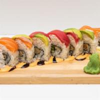 Chef Teriyaki Roll · Shrimp tempura, cucumber, topped with salmon, crab, tuna, sliced avocado, with spicy cream a...