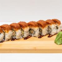 Hawaii Five-O Roll · Shrimp tempura, cucumber, topped with spicy tuna and poke sauce.